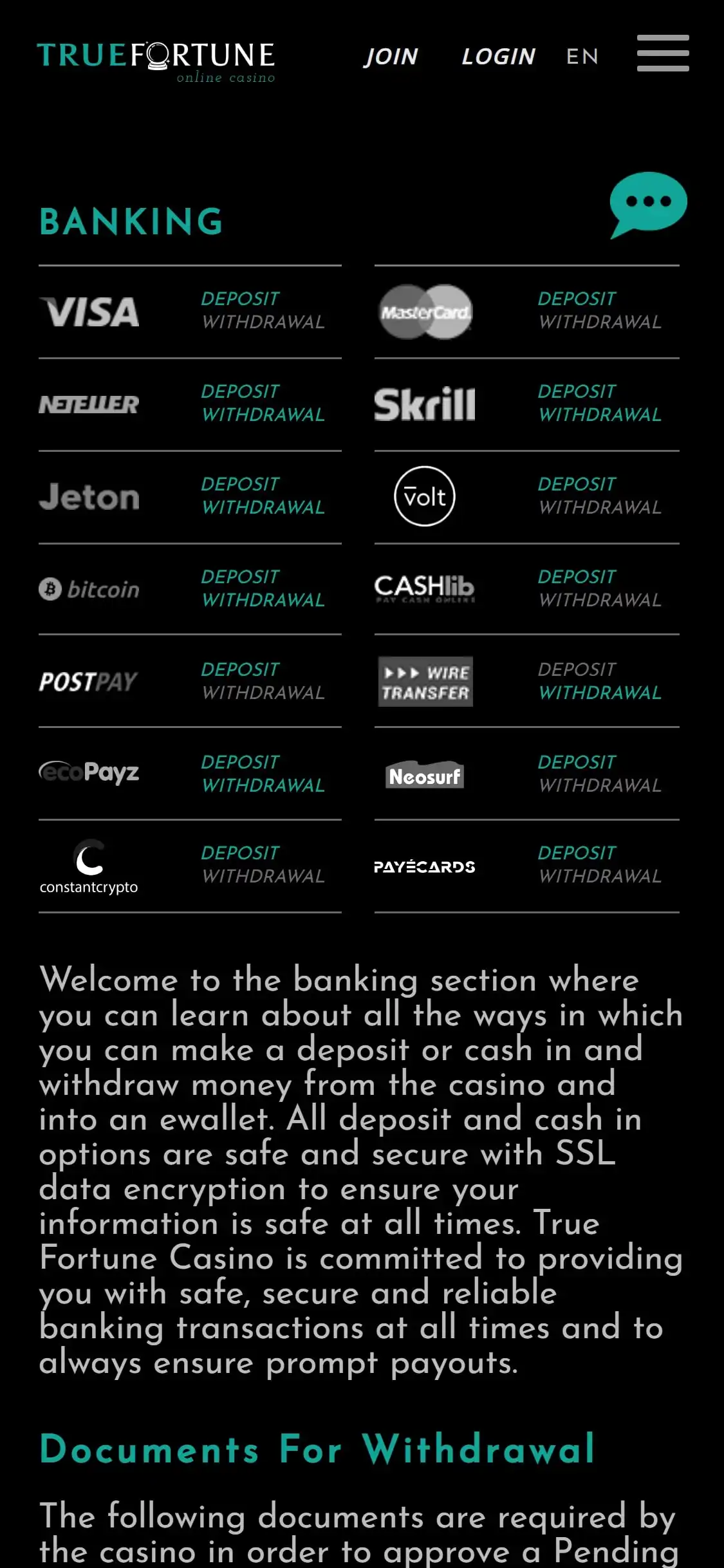 True Fortune Casino Mobile Payment Methods Review